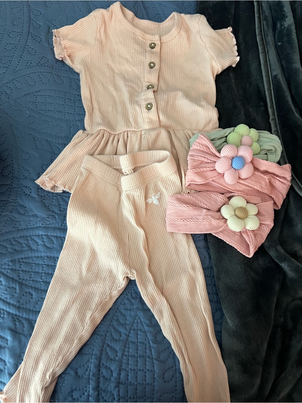 Burt’s Bees Baby Soft Pink Ribbed Girls' Leggings and Top Set - Floral Headbands